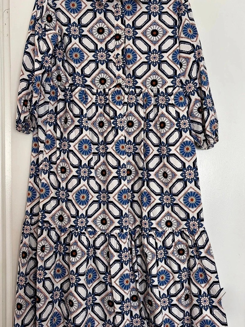 Anthropologie Maeve Women's Geometric Midi Dress in Blue & White
